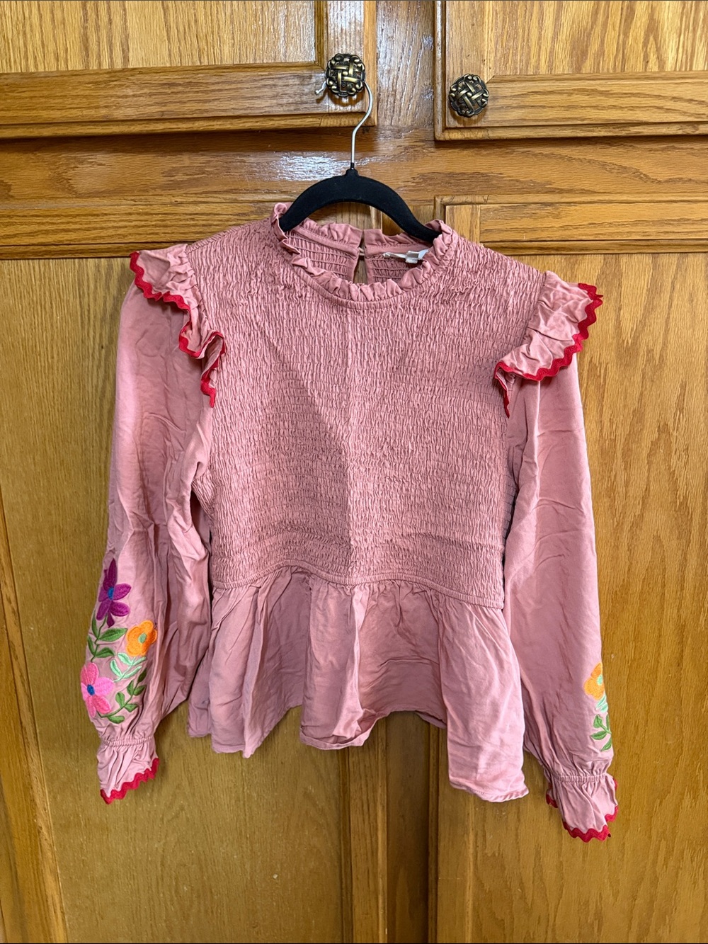 easel Dusty Pink Smocked Peplum Blouse with Floral Embroidered Sleeves